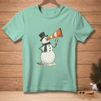 Snowman with traffic cone horn and mirror on a mint green t-shirt.