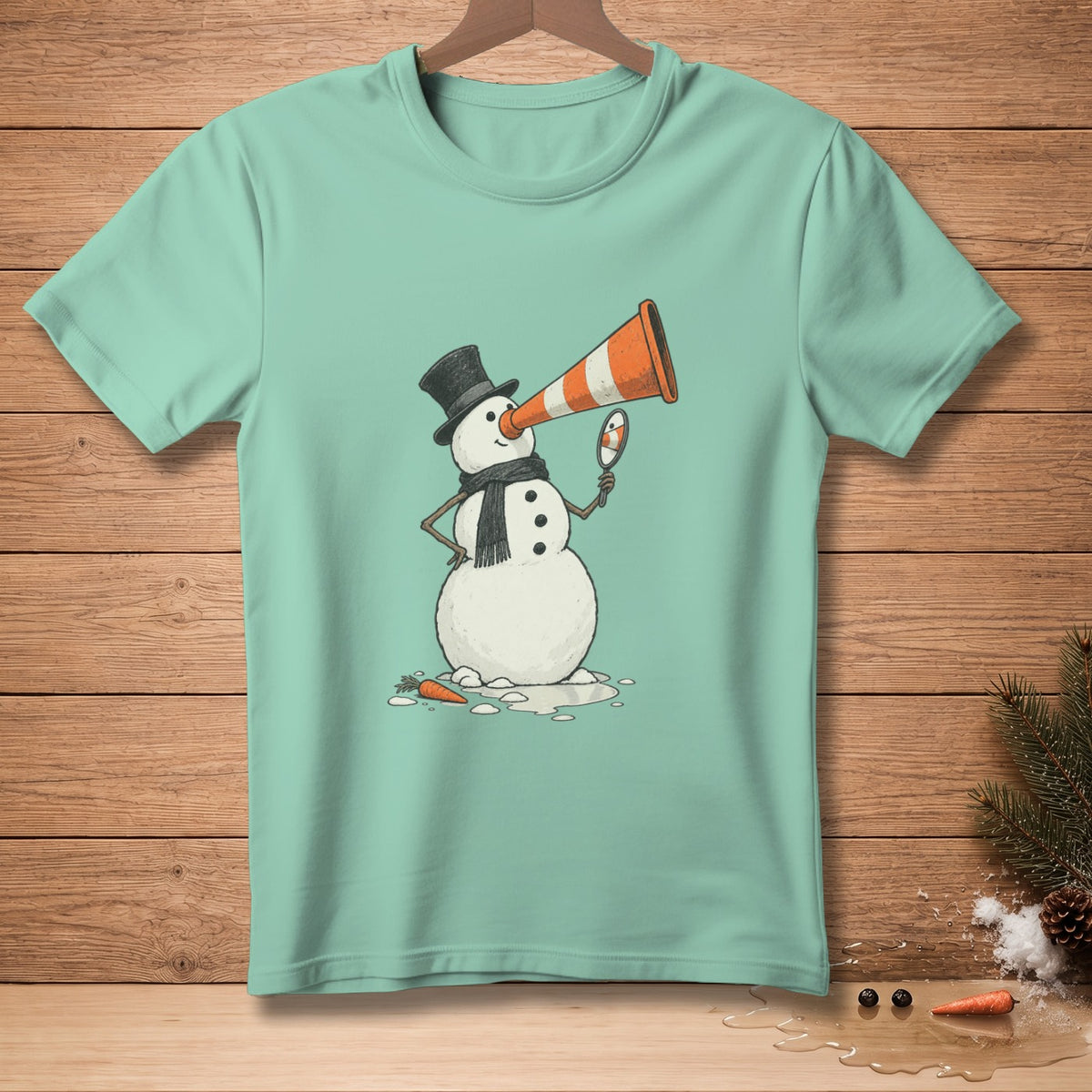 Snowman with traffic cone horn and mirror on a mint green t-shirt.