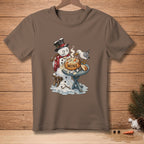 Snowman with soup bowl labeled "MINE" arguing with a seagull over food.