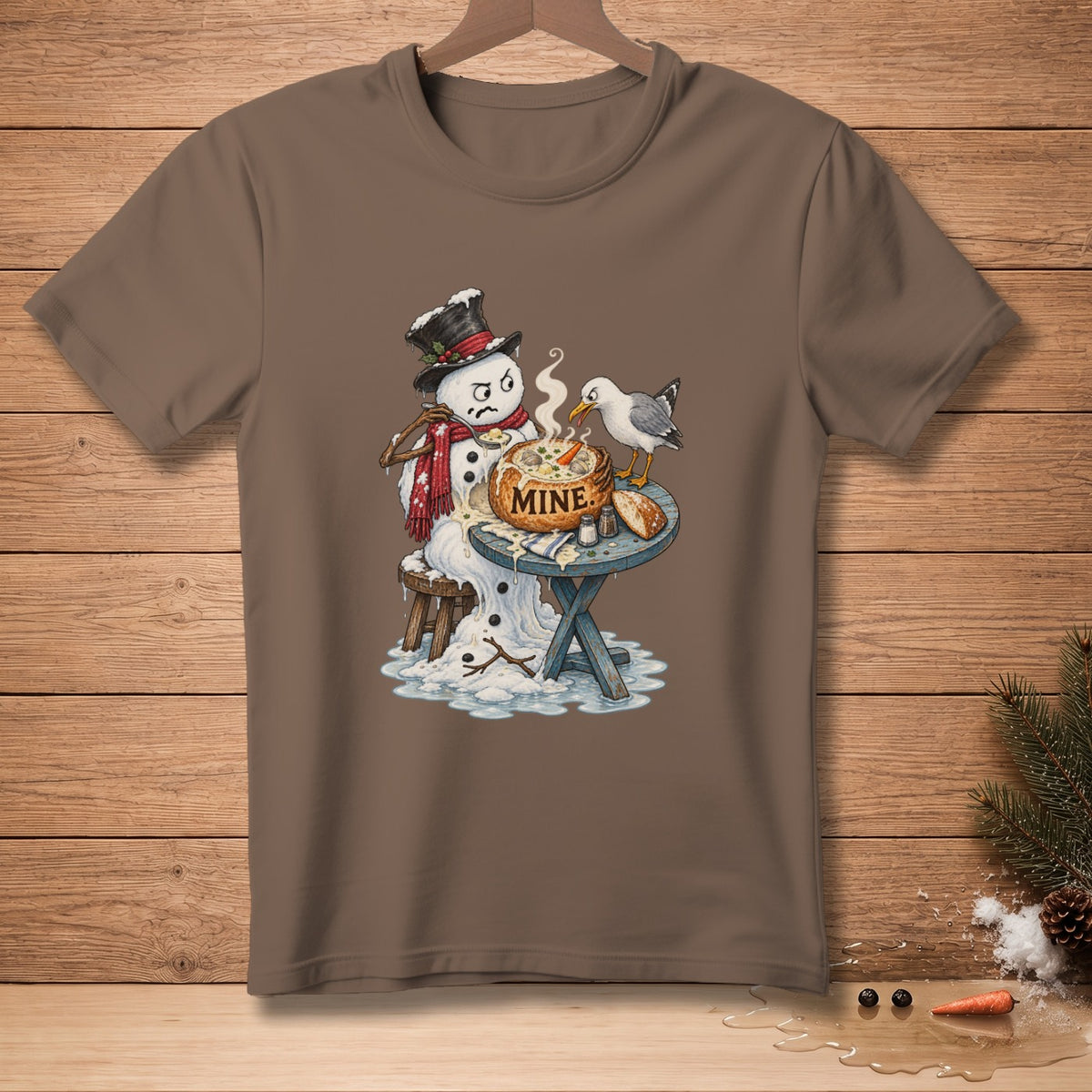 Snowman with soup bowl labeled "MINE" arguing with a seagull over food.