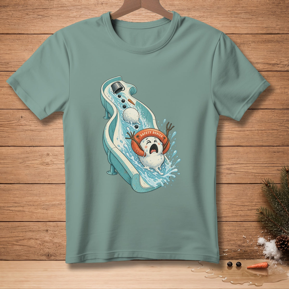 Snowman on a water slide wearing a safety device, splashing water.