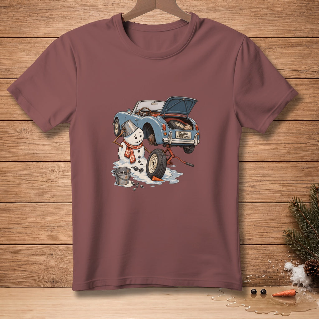 Illustration of a snowman changing a tire on a car with "Roadside Assistance" text.
