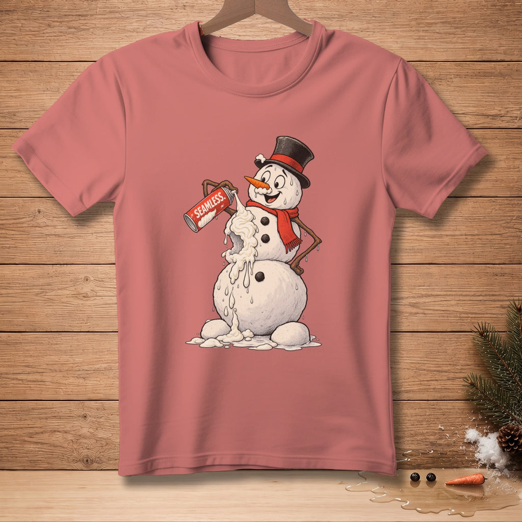 Snowman with top hat and scarf spraying whipped cream from a can labeled "SEAMLESS".