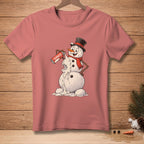 Snowman with top hat and scarf spraying whipped cream from a can labeled "SEAMLESS".
