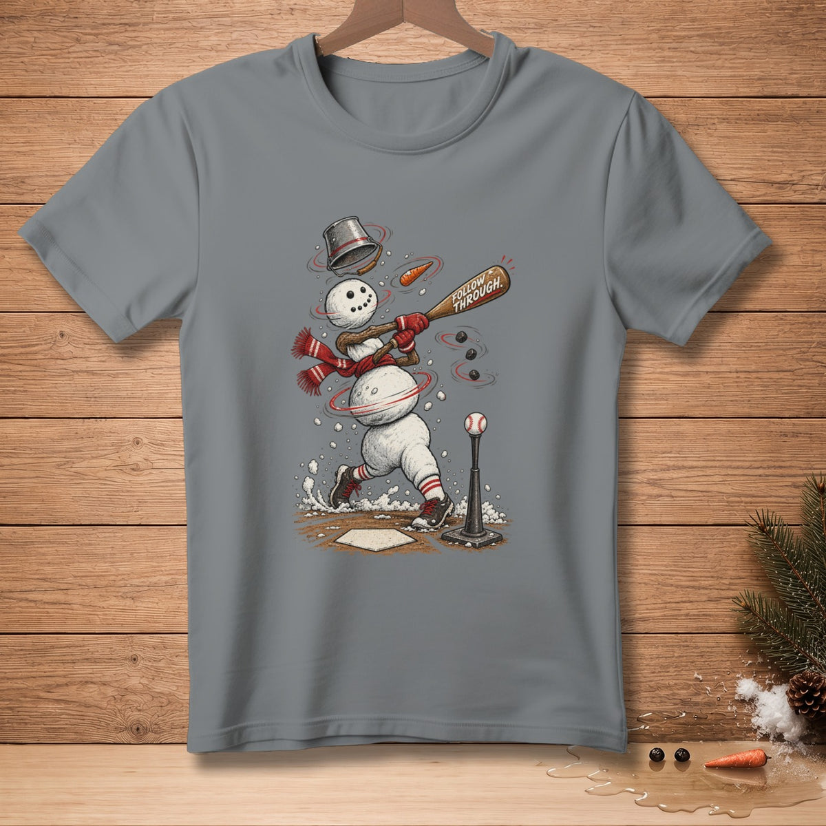 Snowman baseball player swinging bat with text "FOLLOW THROUGH."