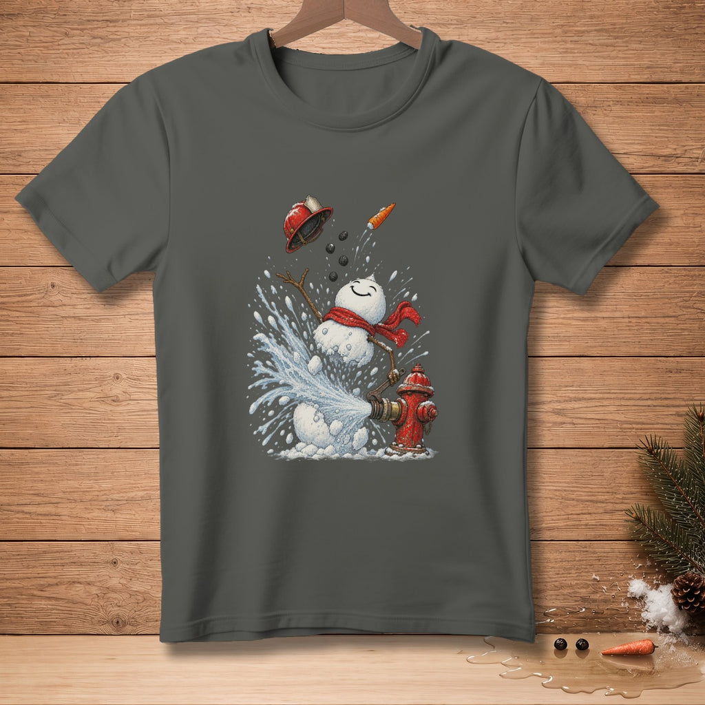 Snowman with red scarf spraying water from fire hydrant, wearing helmet.