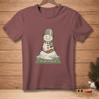Melting snowman wearing bucket hat and scarf, holding carrot, text "LET IT GO".