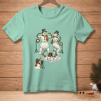Snowmen flexing muscles with camera and "Hold That" sign on mint green t-shirt.