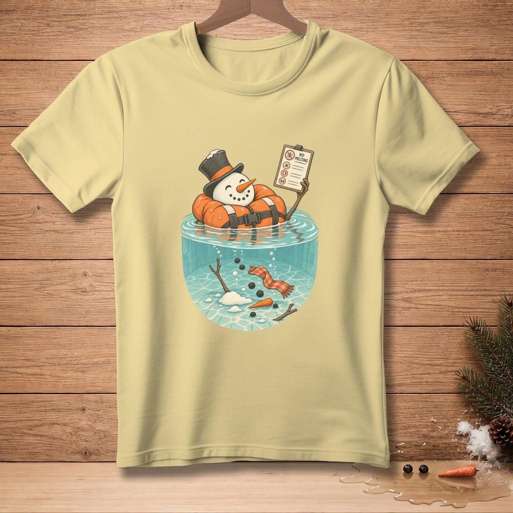 Snowman in a life preserver holding "No Melting" sign in water with melting snowman parts.