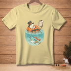 Snowman in a life preserver holding "No Melting" sign in water with melting snowman parts.