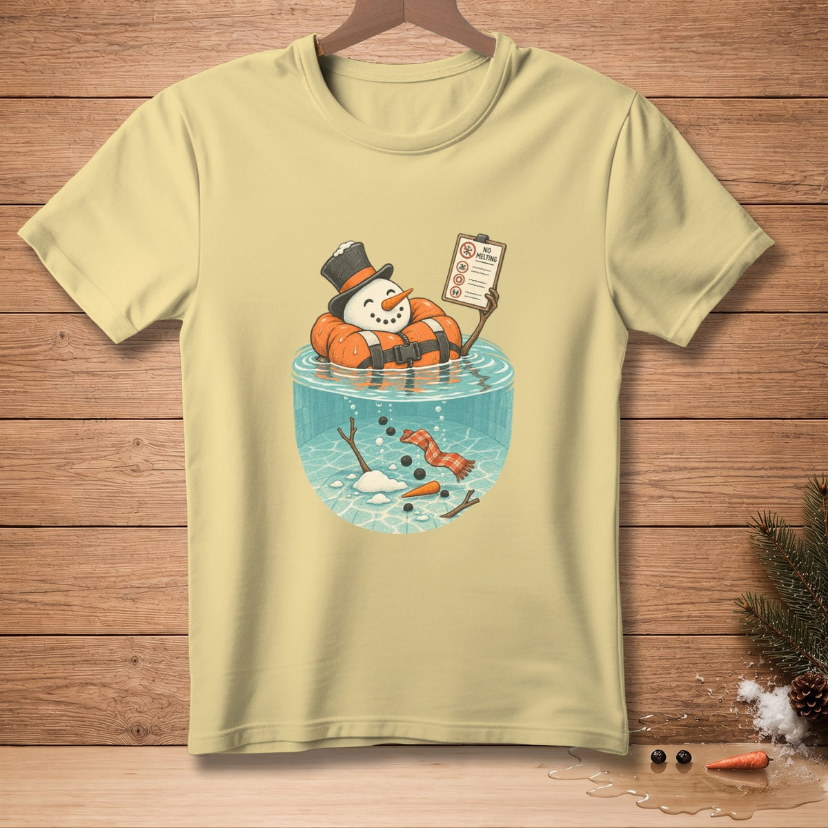 Snowman in a life preserver holding "No Melting" sign in water with melting snowman parts.
