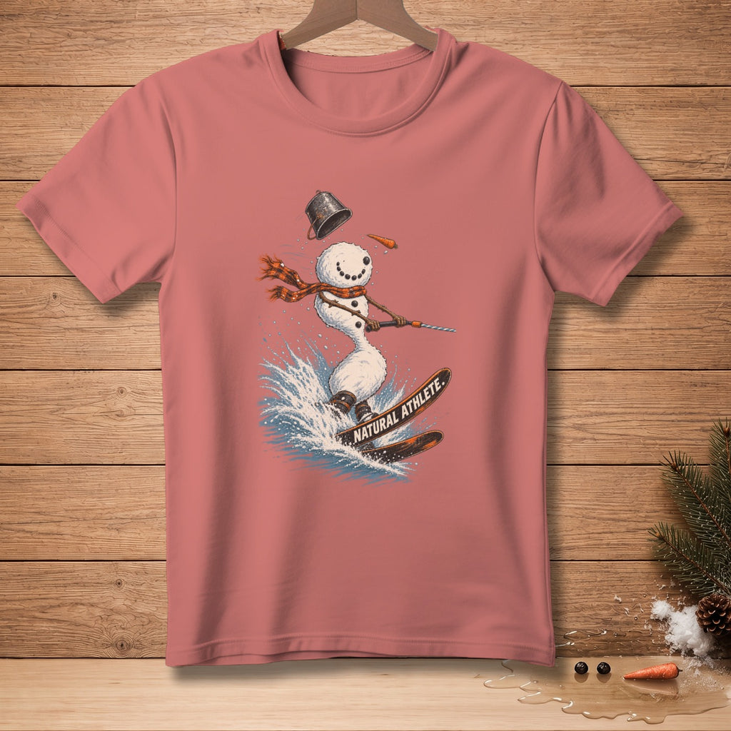 Snowman skiing through water with "NATURAL ATHLETE." text.