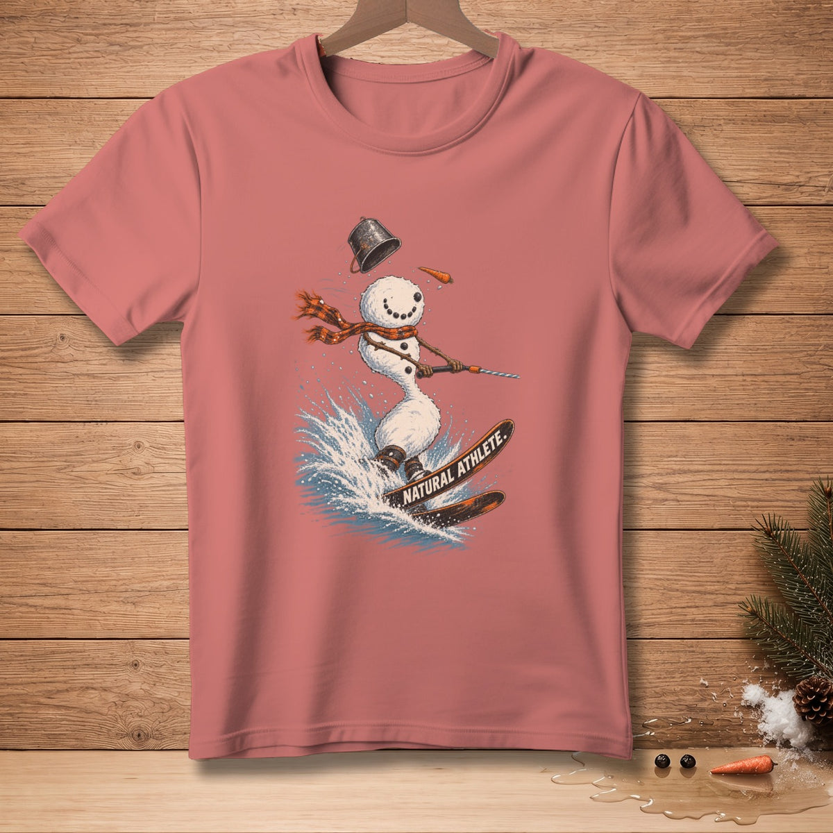 Snowman skiing through water with "NATURAL ATHLETE." text.
