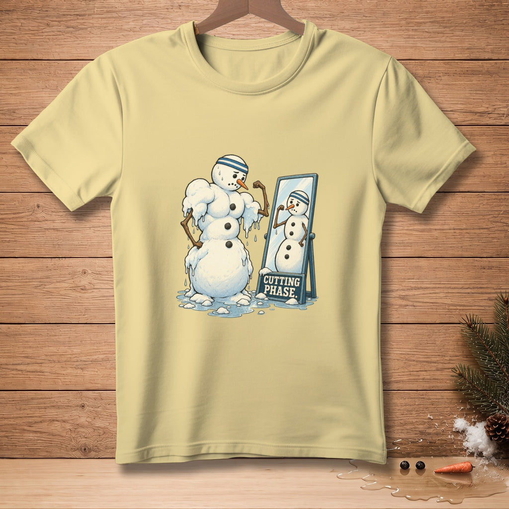 Buff snowman flexes in mirror showing "Cutting Phase" text.