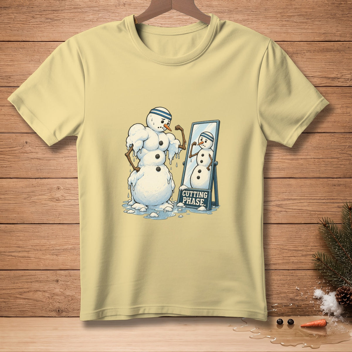 Buff snowman flexes in mirror showing "Cutting Phase" text.