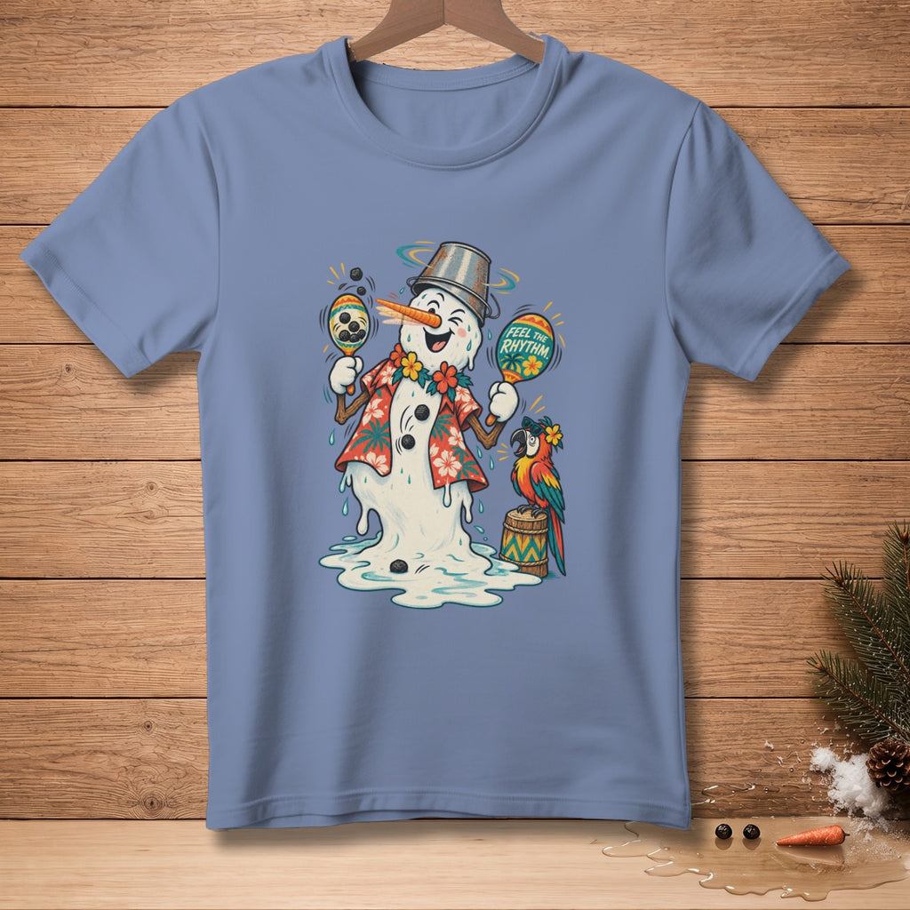 Melting snowman in Hawaiian shirt playing maracas with parrot, "Feel the Rhythm" text.
