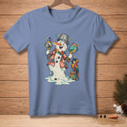 Melting snowman in Hawaiian shirt playing maracas with parrot, "Feel the Rhythm" text.