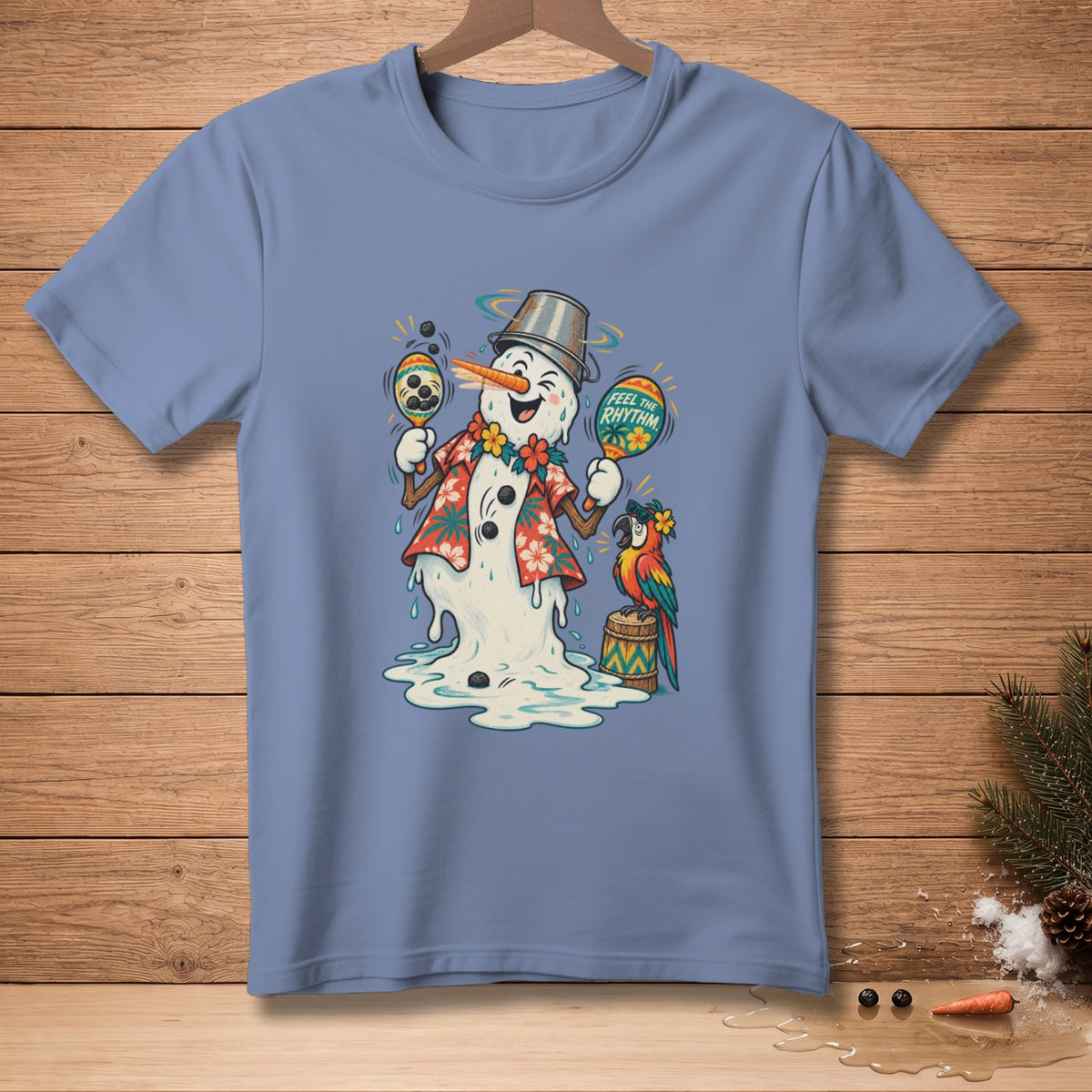 Melting snowman in Hawaiian shirt playing maracas with parrot, "Feel the Rhythm" text.