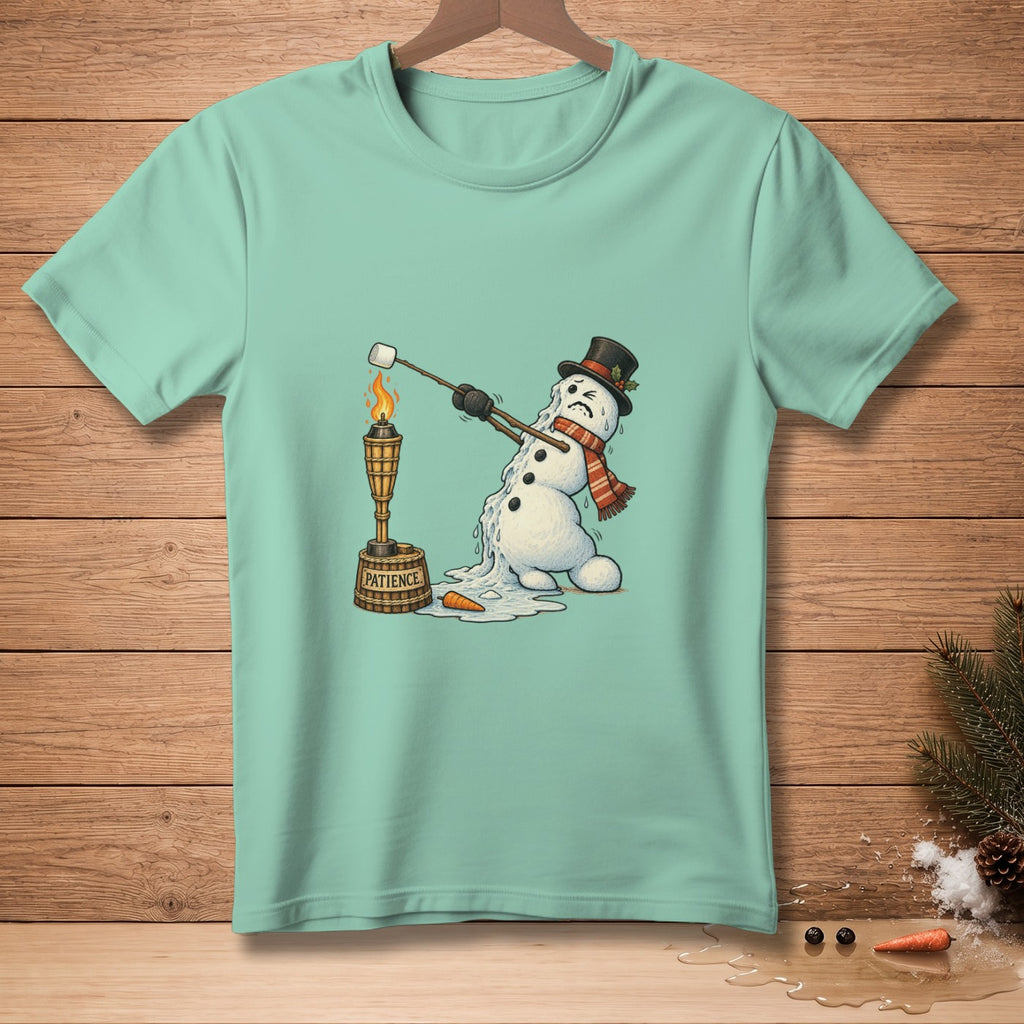 Melting snowman holding marshmallow over torch with "patience" bucket.