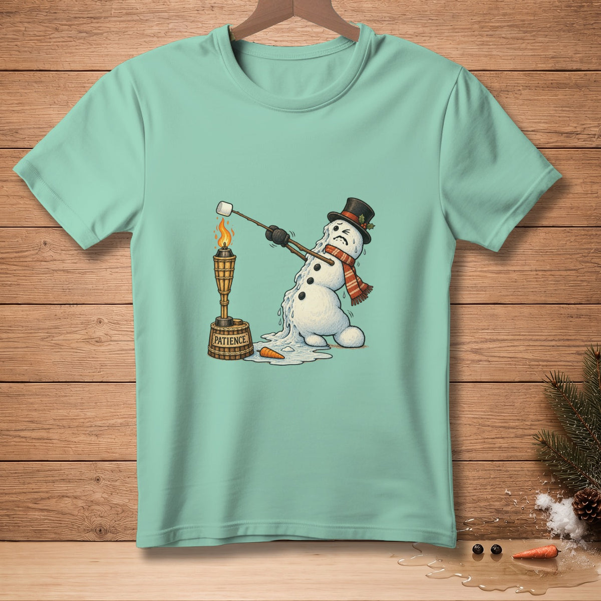 Melting snowman holding marshmallow over torch with "patience" bucket.