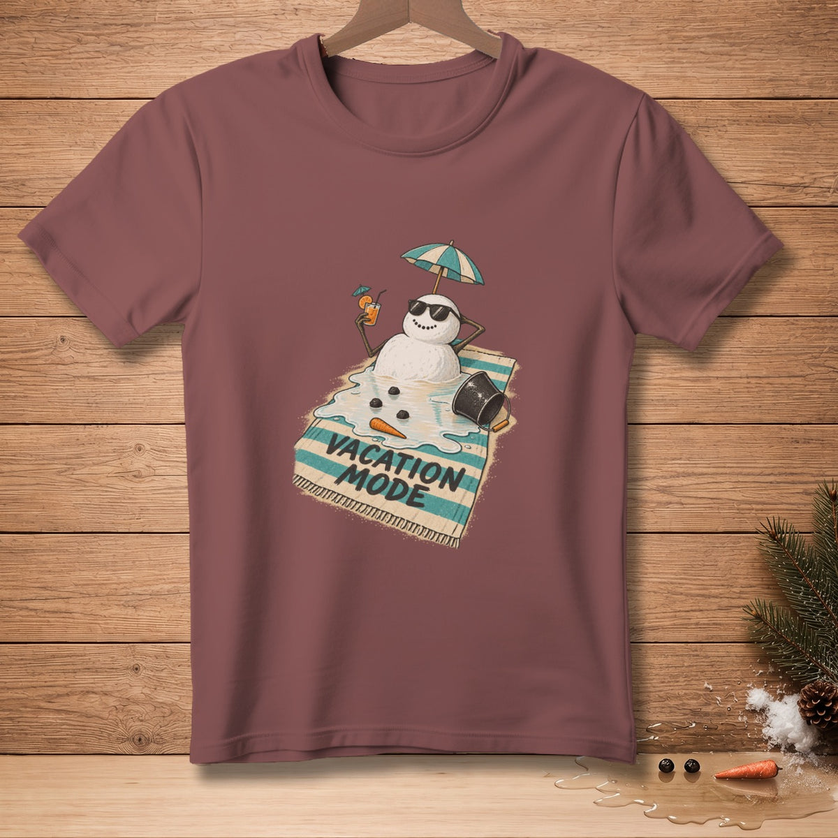 Melting snowman on beach towel under umbrella with "Vacation Mode" text.