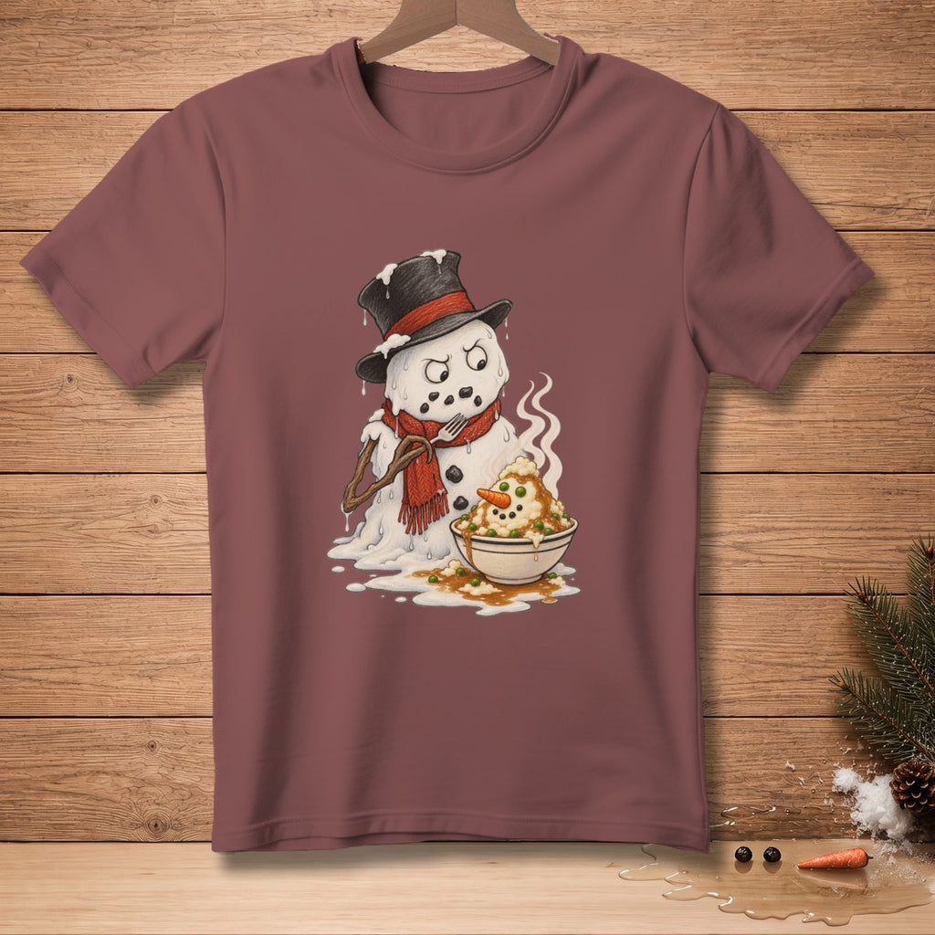 Melting snowman with hat and scarf eating mashed potatoes from a bowl.