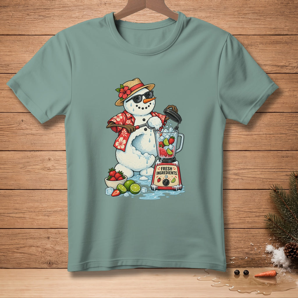 Snowman in Hawaiian shirt and sunglasses making a smoothie with a blender.