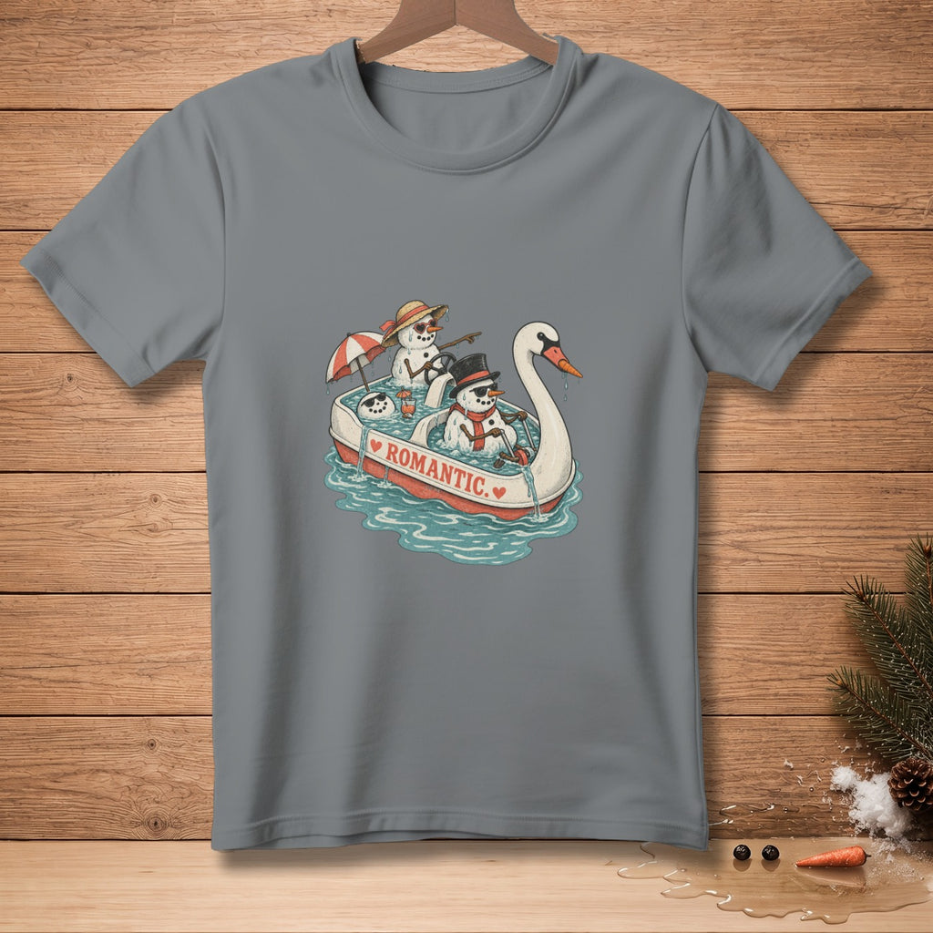 Snowmen in a swan boat with "ROMANTIC." written on the side.
