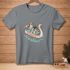 Snowmen in a swan boat with "ROMANTIC." written on the side.
