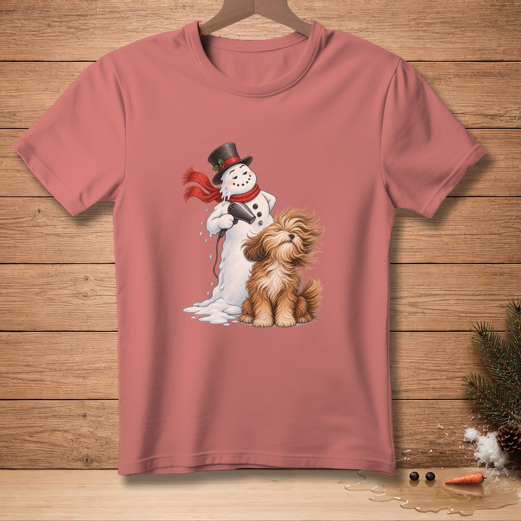 Snowman in top hat and scarf blow-drying a fluffy dog with a hairdryer.