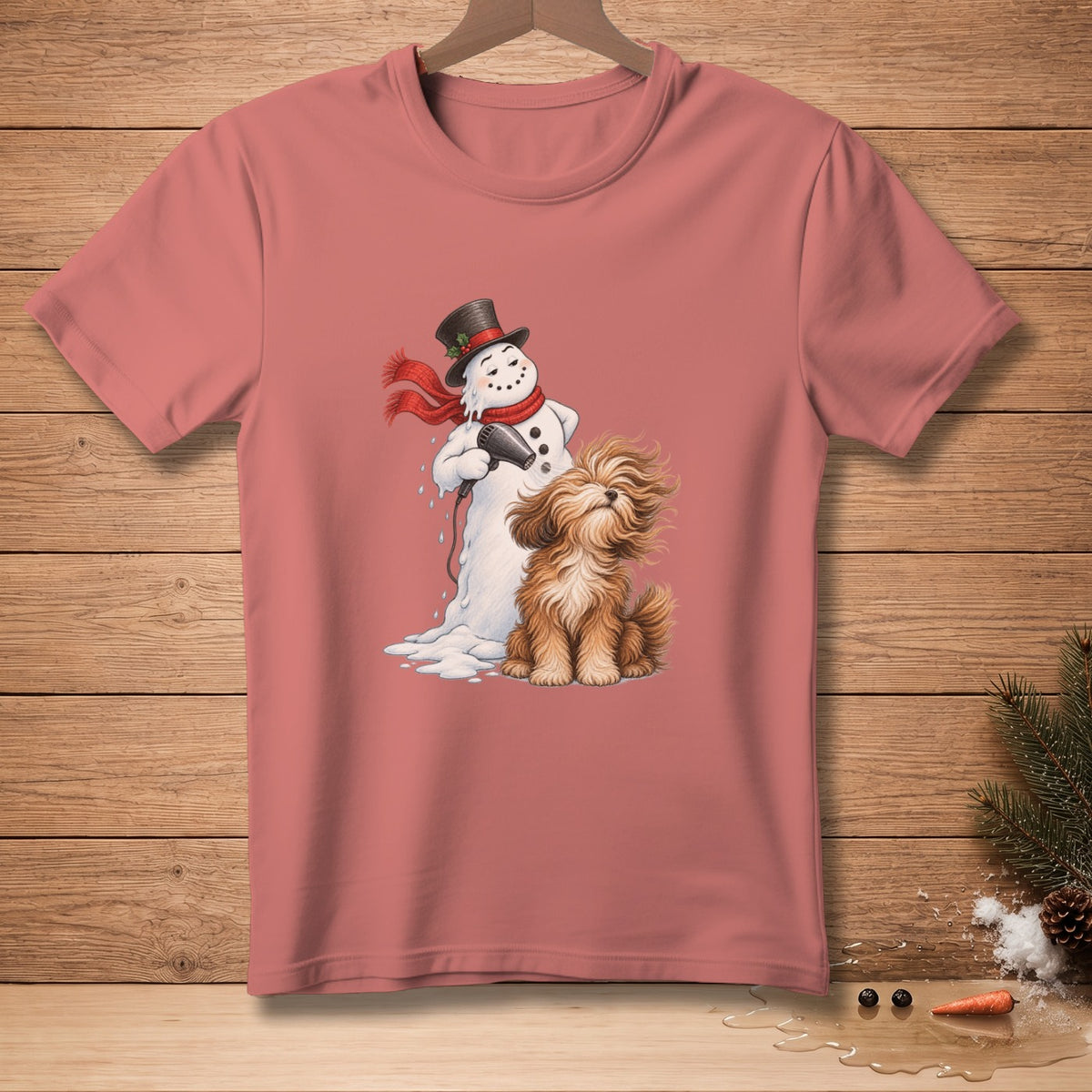 Snowman in top hat and scarf blow-drying a fluffy dog with a hairdryer.