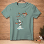 Green t-shirt with melting snowman flying a kite with "Great Wind" text.