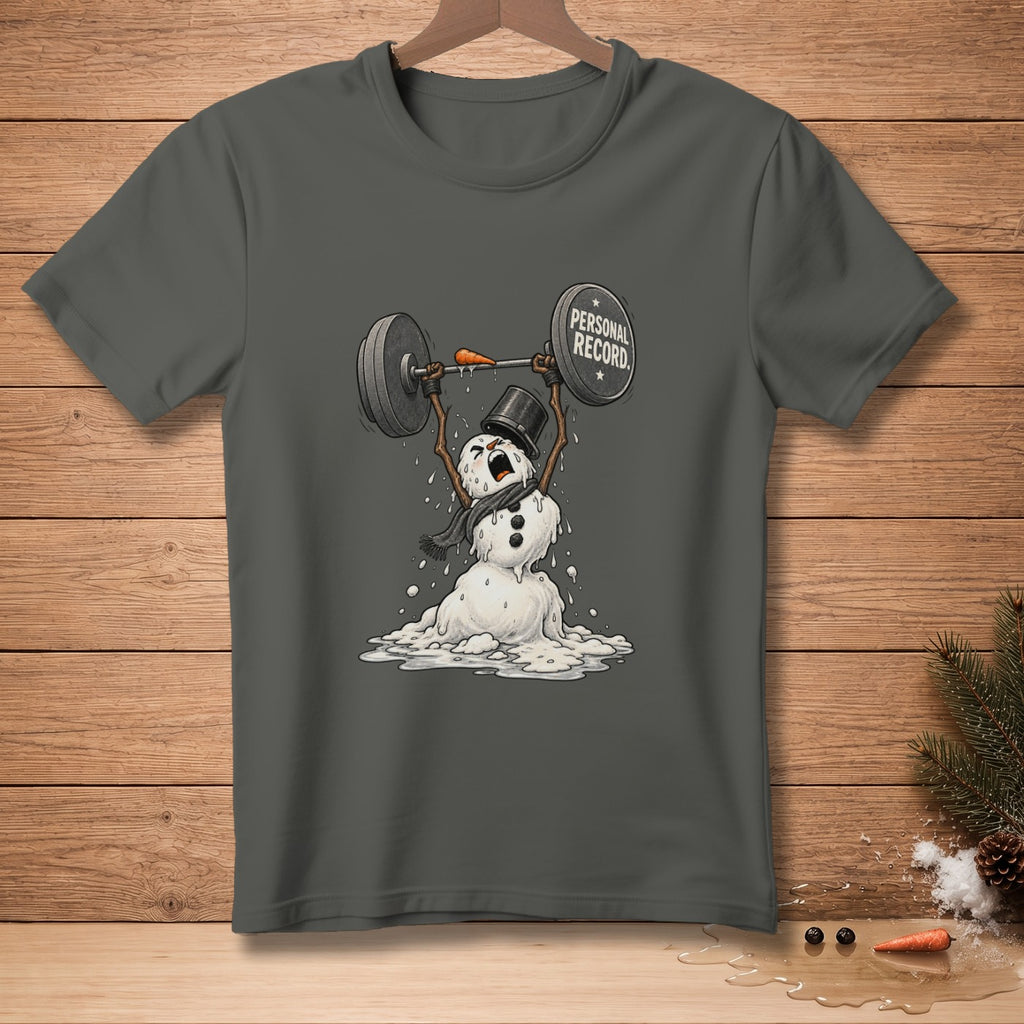 Melting snowman in a top hat lifting a barbell with "Personal Record" text.