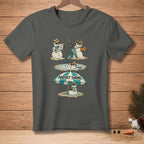 T-shirt graphic with snowmen melting and a snowman under an umbrella that says "Perfect Timing."