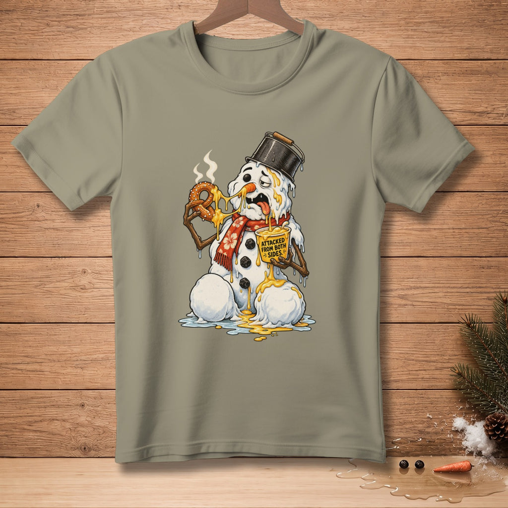Melting snowman in a bucket hat eating a pretzel and holding a sign that reads "Attacked From Both Sides."