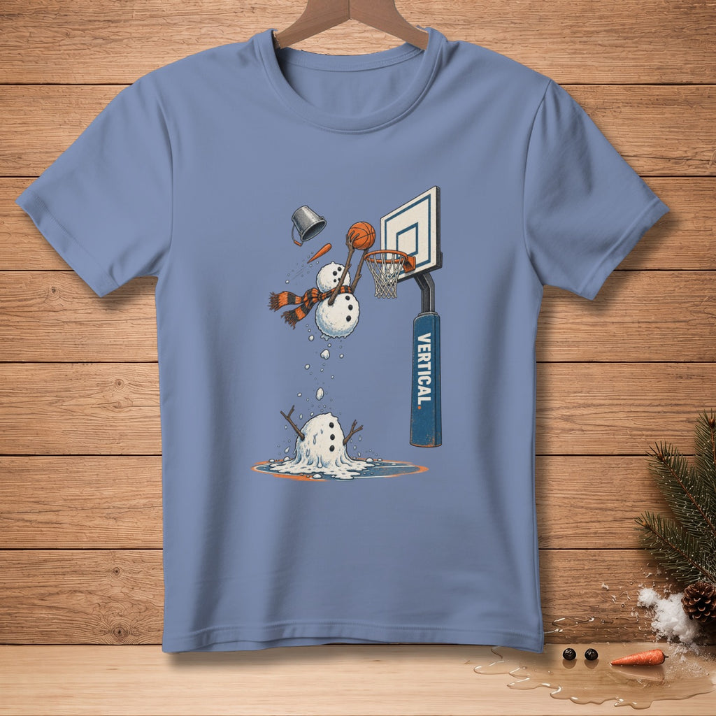 Blue t-shirt graphic of a snowman playing basketball, melting into a puddle.