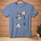 Blue t-shirt graphic of a snowman playing basketball, melting into a puddle.