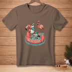 Snowmen on a flamingo float with a flamingo, text "WE'RE GOOD".