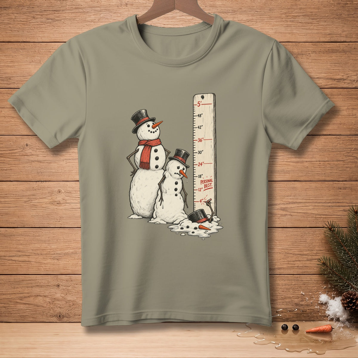 Two snowmen stand next to a height chart, one melting.