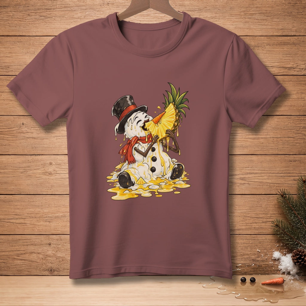 Melting snowman in top hat and scarf eating pineapple slice, on a burgundy t-shirt.