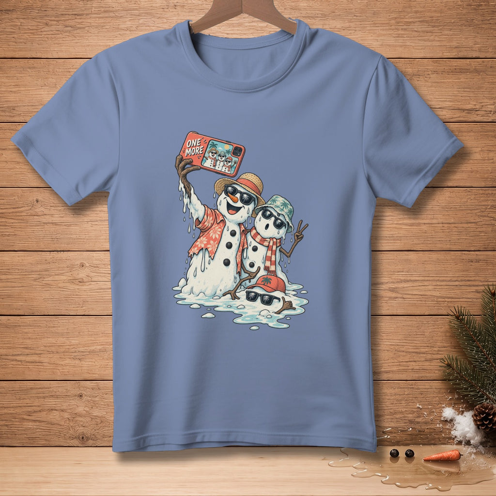 Melting snowmen taking a selfie on a phone with "ONE MORE" text.