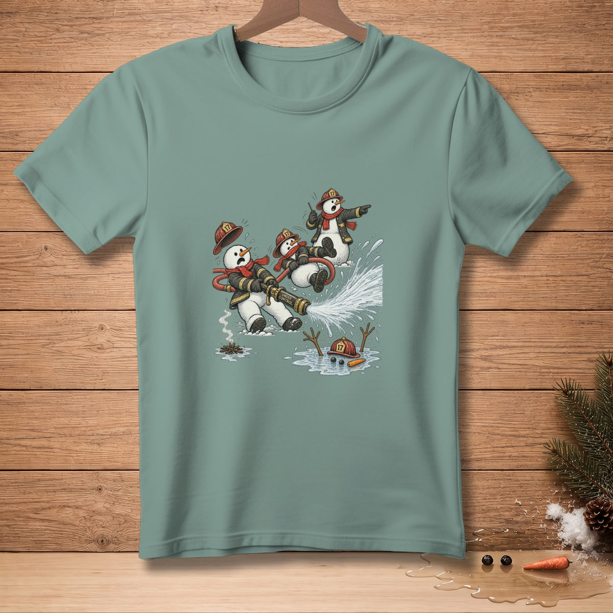 Snowmen firefighters spray water, one melting snowman with a fire hat in water.