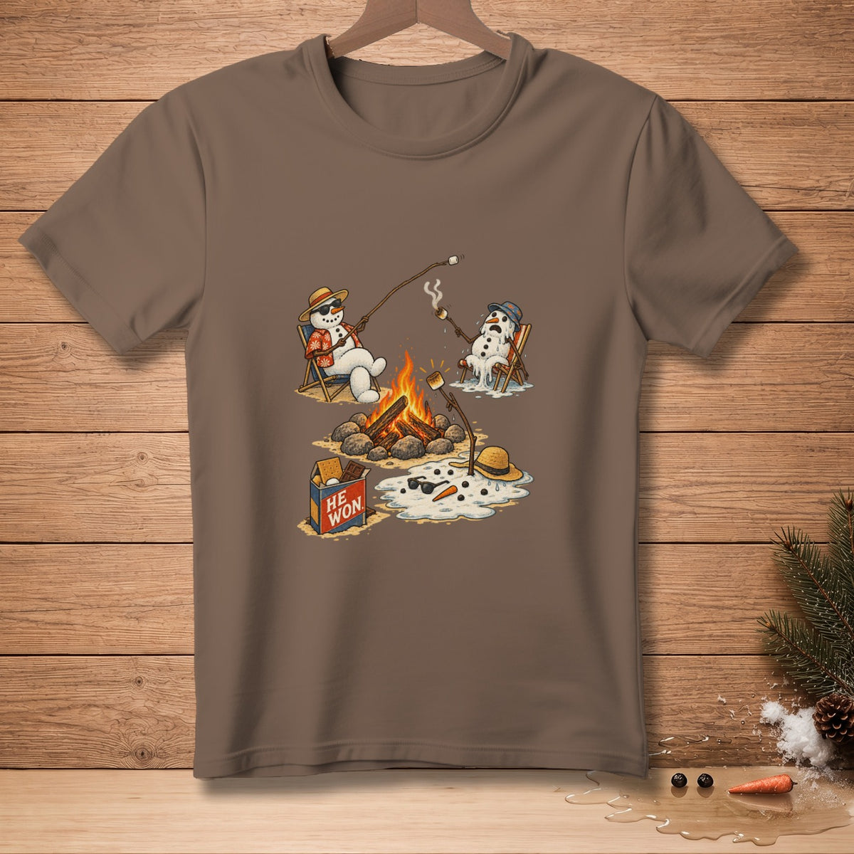 Snowman roasting marshmallows by a campfire, one melting, with "HE WON" text.