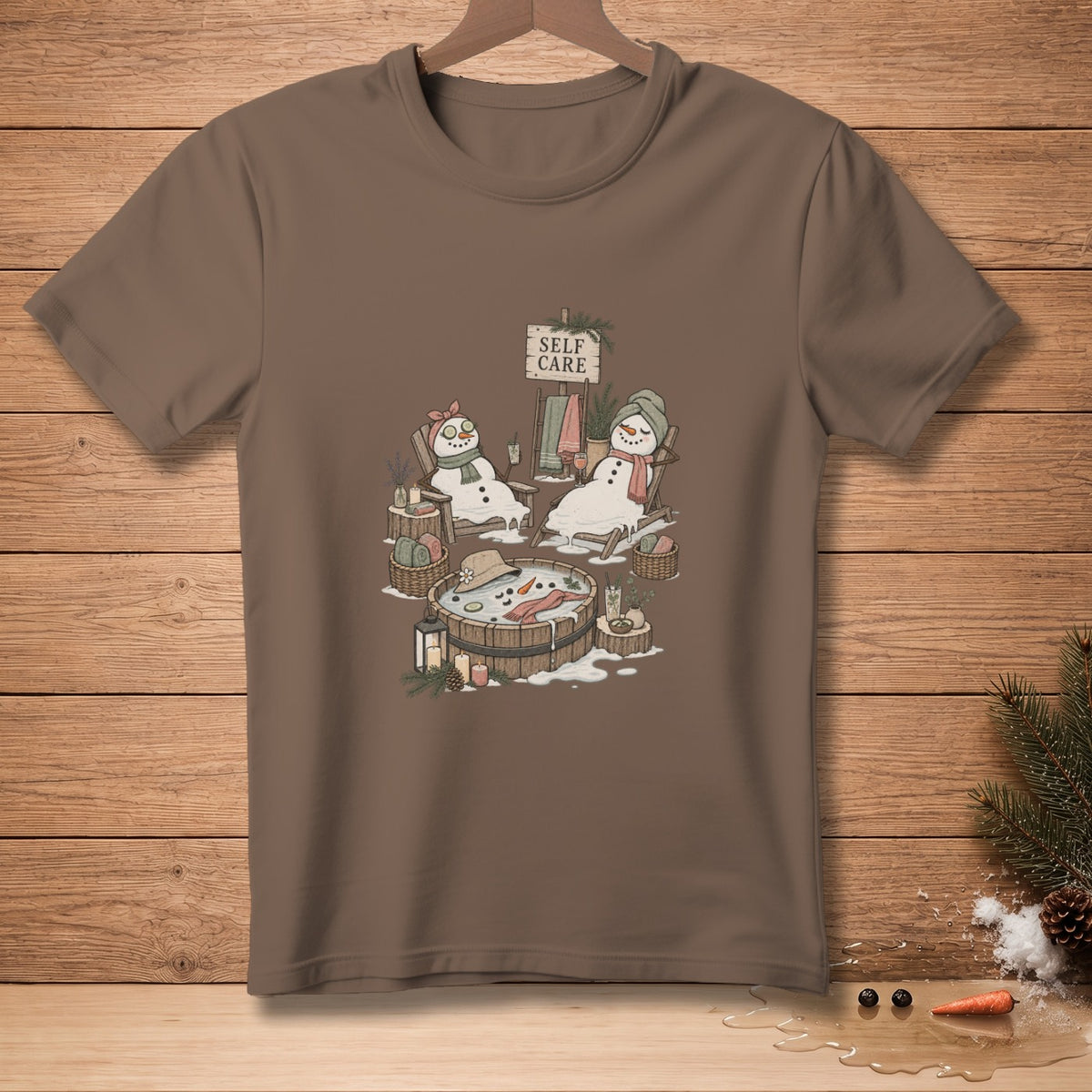 Illustration of snowmen relaxing in a hot tub with "Self Care" sign.