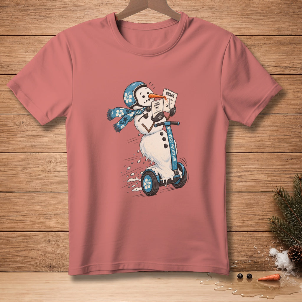 Snowman with helmet and scarf riding a Segway, reading "Brake" and "Very Intuitive" manuals.