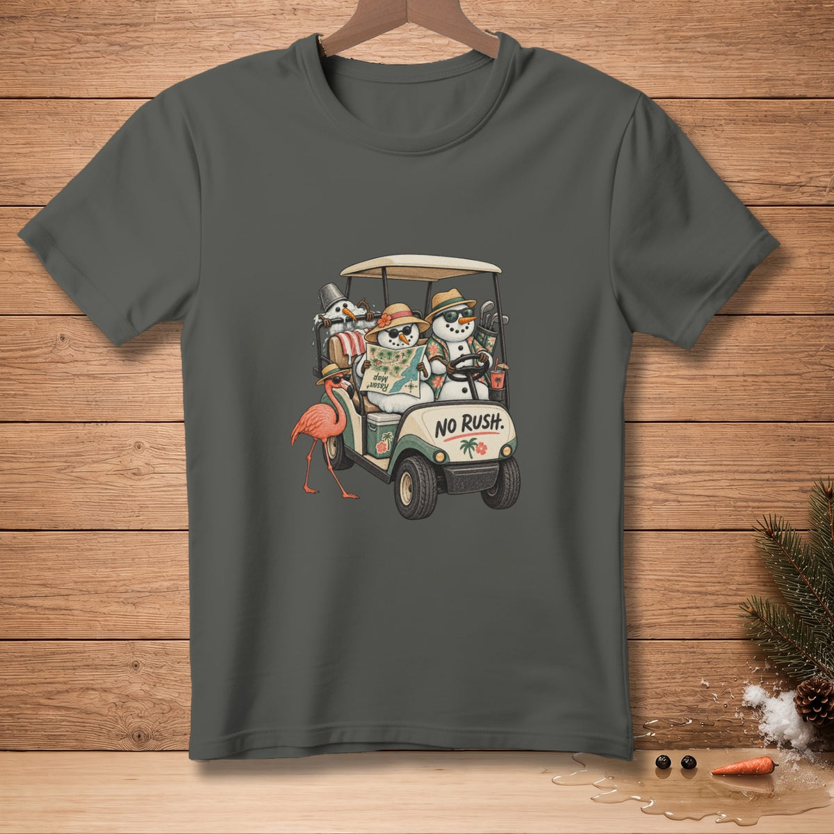 Snowmen in a golf cart with a flamingo, reading a resort map, with "NO RUSH." text.