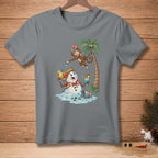 Snowman with cocktails and monkey under palm tree on tropical beach design.