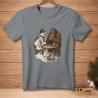 Bigfoot plays poker with melting snowmen at a table with cards and a lantern.