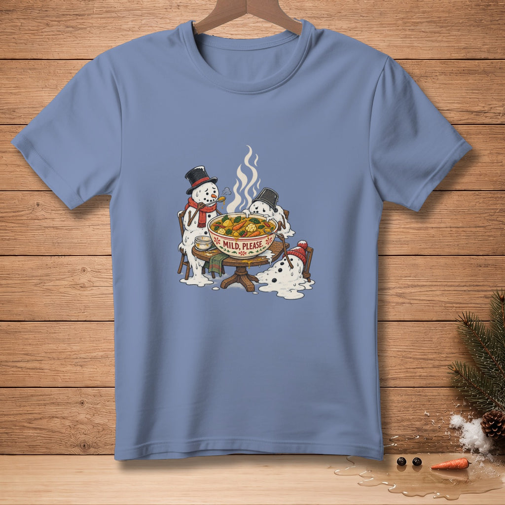 Melting snowmen eat soup with text "MILD, PLEASE."