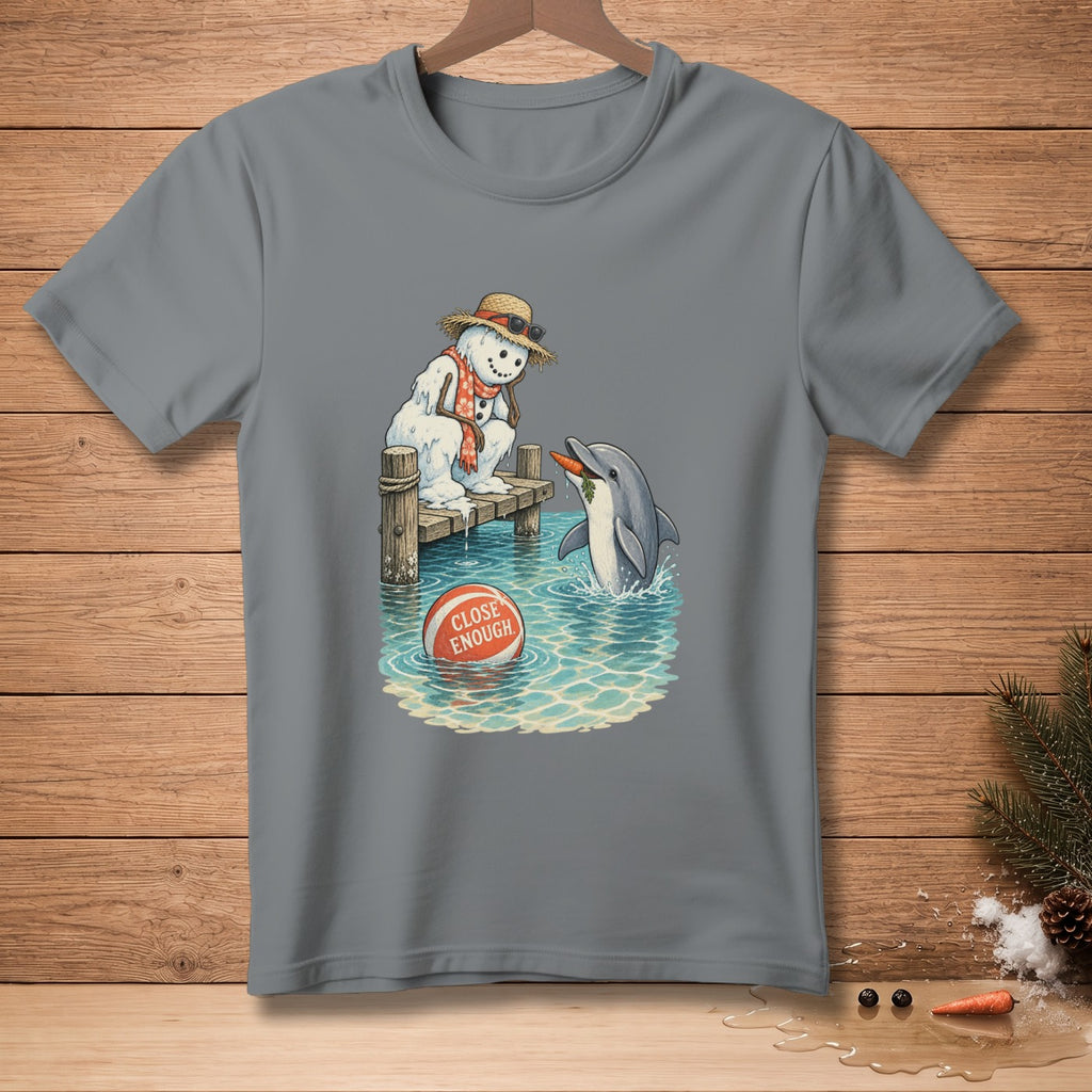 Snowman on dock feeding dolphin carrot, with "Close Enough" beach ball.